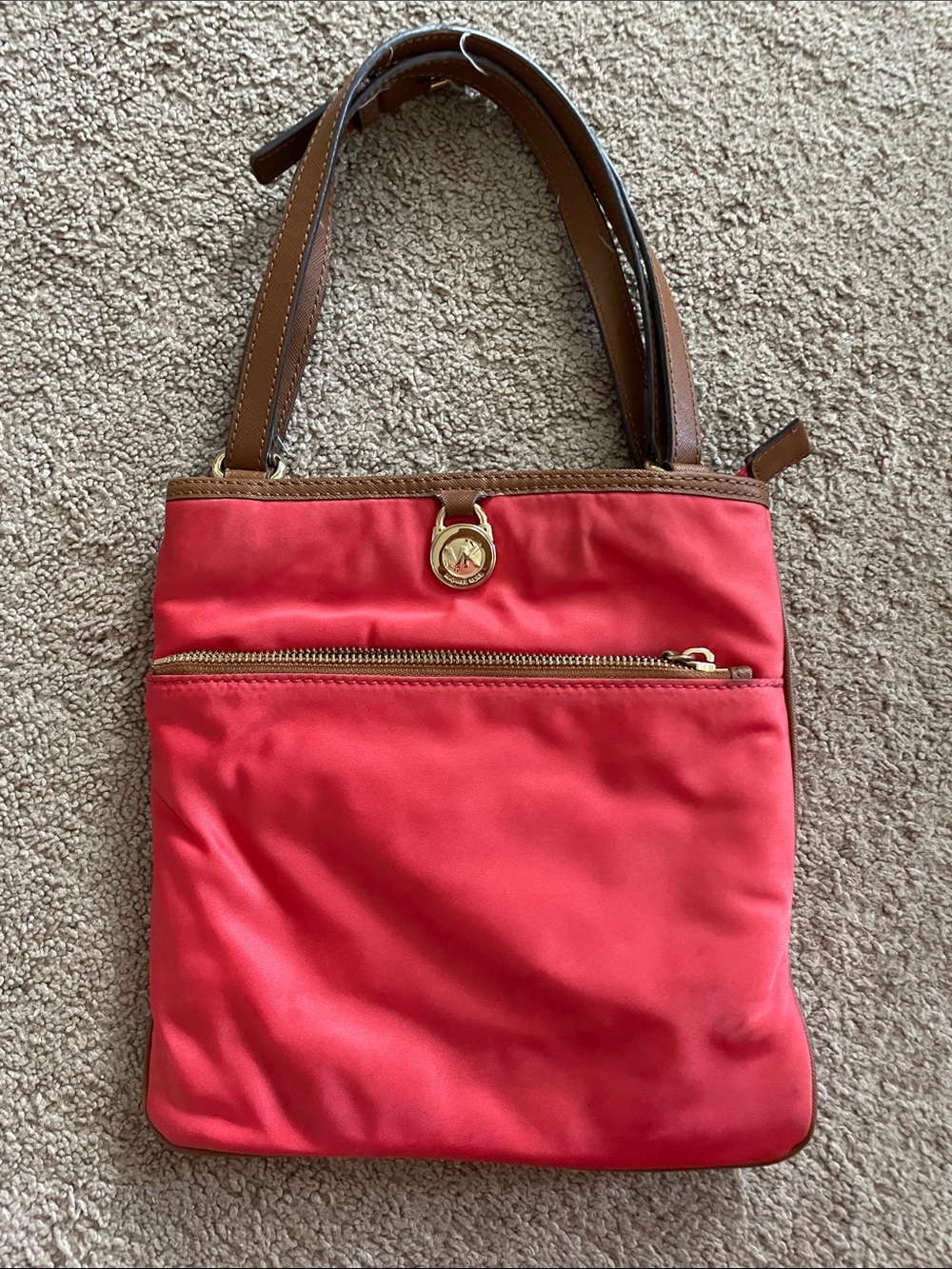 Michael Kors Red Crossbody Tote with Brown Trim and Gold Accent